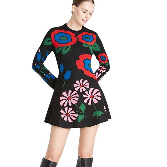 AMUR Nataly Floral Jacquard Merino Wool Sweater Mini Dress Black Multicolor Sm - Picture 1 of 5